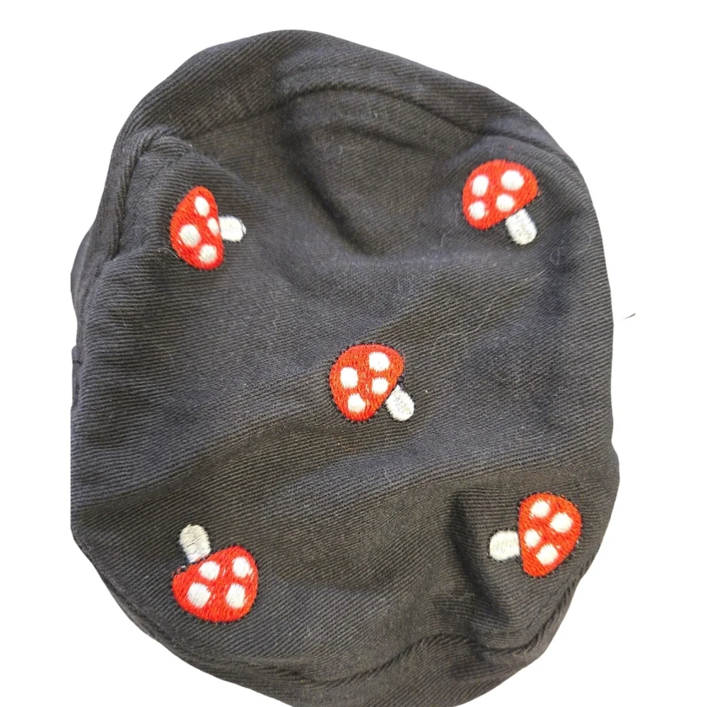 Black Bucket Hat with Red Mushroom Embroidery S Small